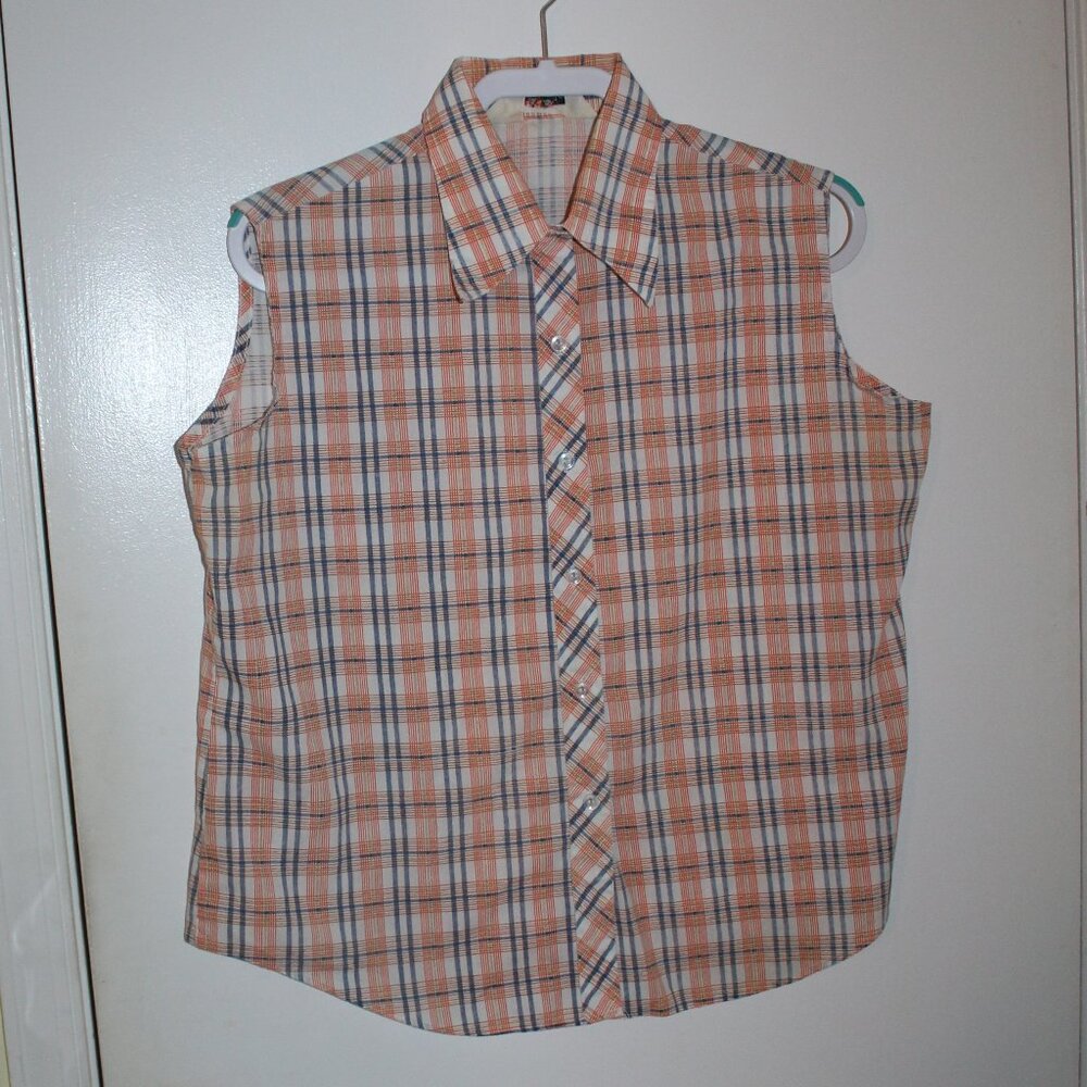 Vintage Fruit of the Loom Women's Sleevless Shirt -Orange and Blue plaid